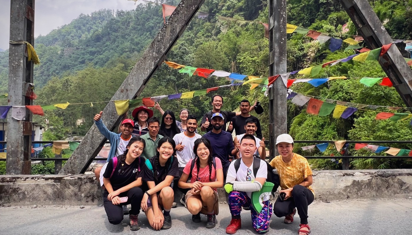group photo of Nepal hiking adventure trekking team in nayapul