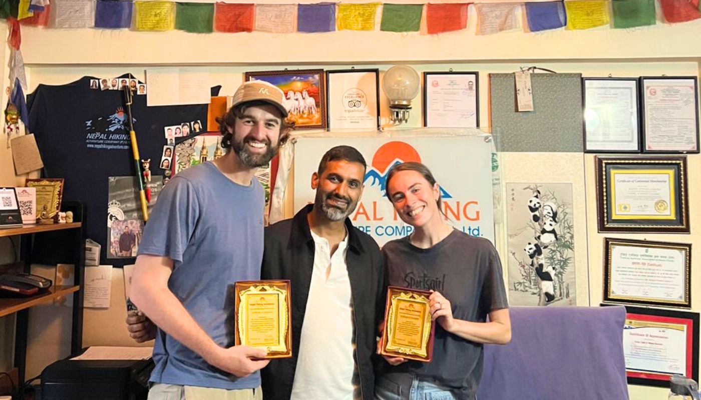 Nepal Hiking Adventure team with our clients with certificates after completing Annapurna Circuit Trek.