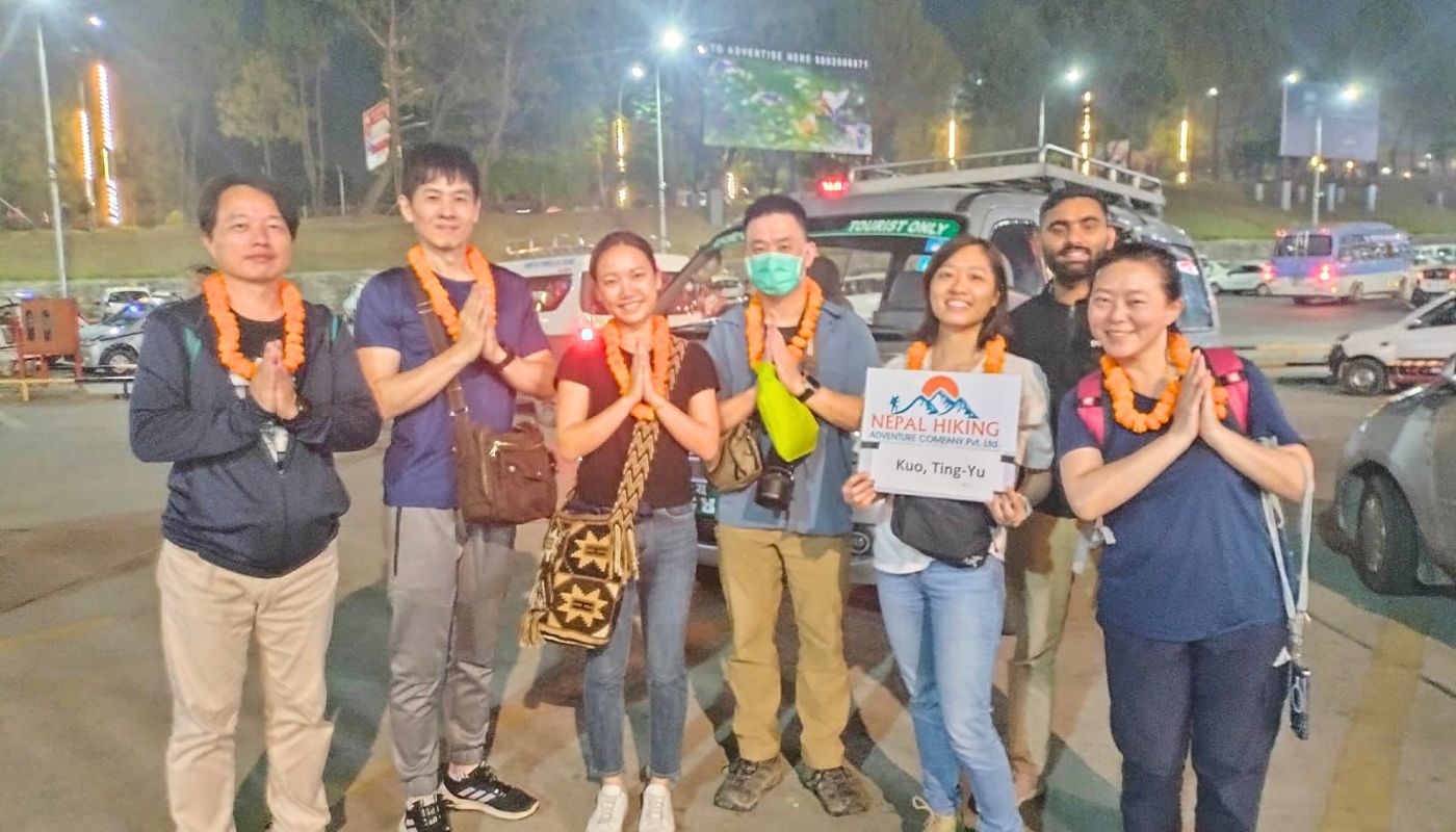 A group of trekkers warmly welcomed at Tribhuvan International Airport in Kathmandu by Nepal Hiking Adventure team before starting the Annapurna Circuit Trek.