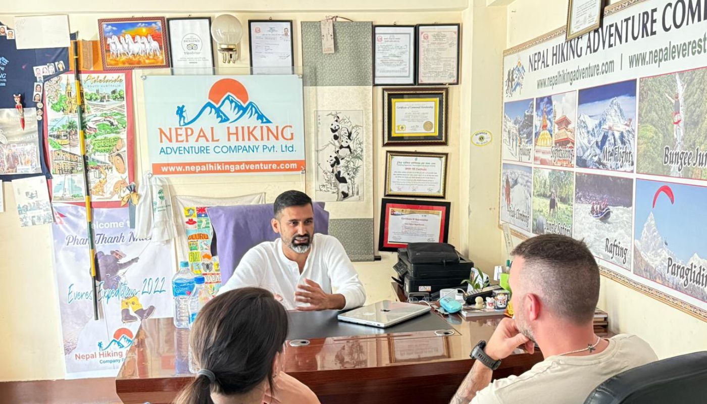 Guests receiving a trek briefing at Nepal Hiking Adventure office before starting the Annapurna Circuit Short Trek