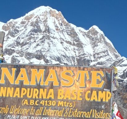Annapurna base camp board with mountain view